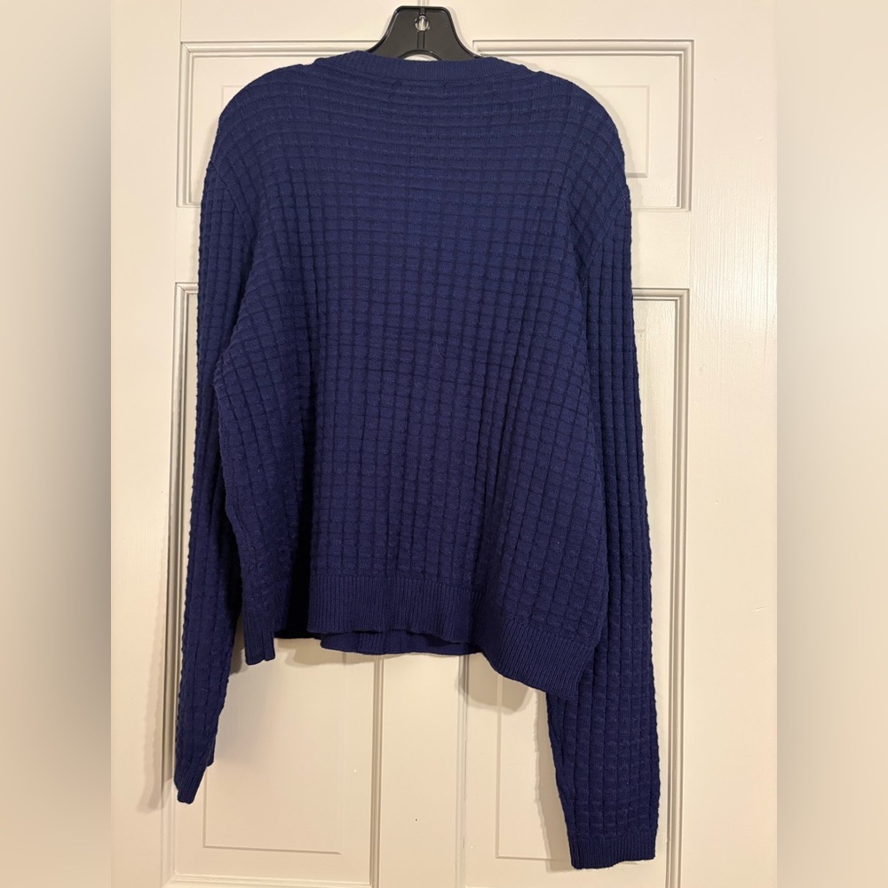 Large Navy Waffle Knit gold Button pockets Cardigan New England Coastal vibe - Picture 3 of 5